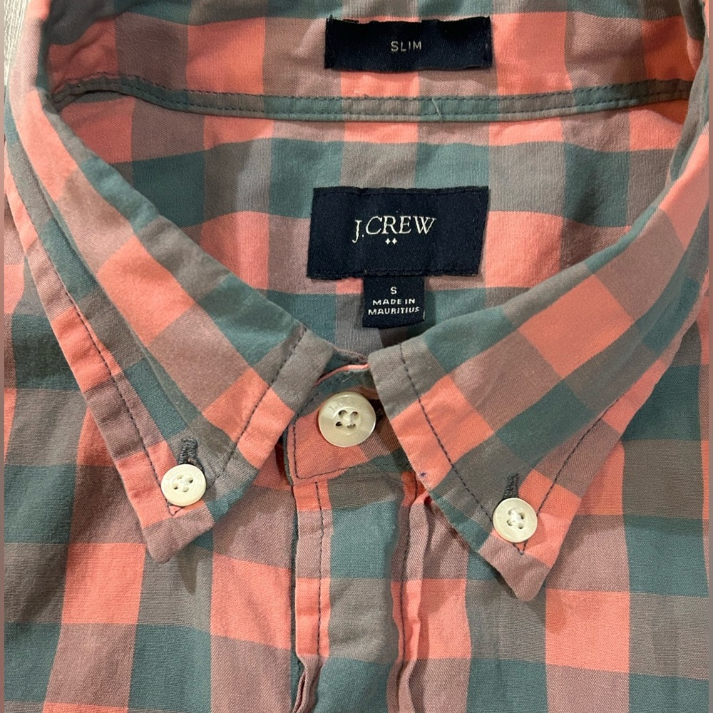 J. Crew pink & gray plaid print slim fit long sleeve Mens shirt size S